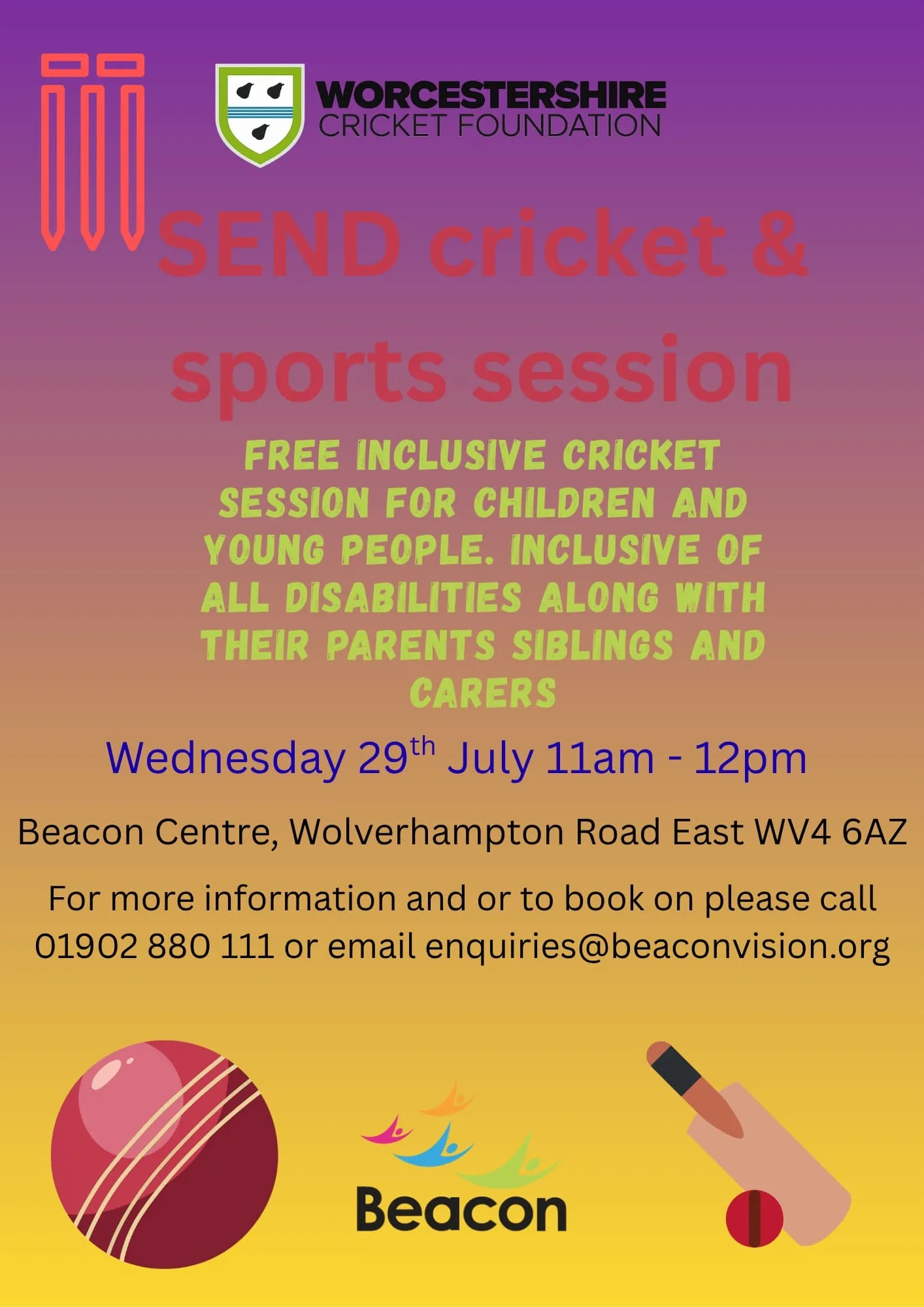 Free inclusive SEND cricket and sports CYP session hosted by Worcestershire Cricket Foundation