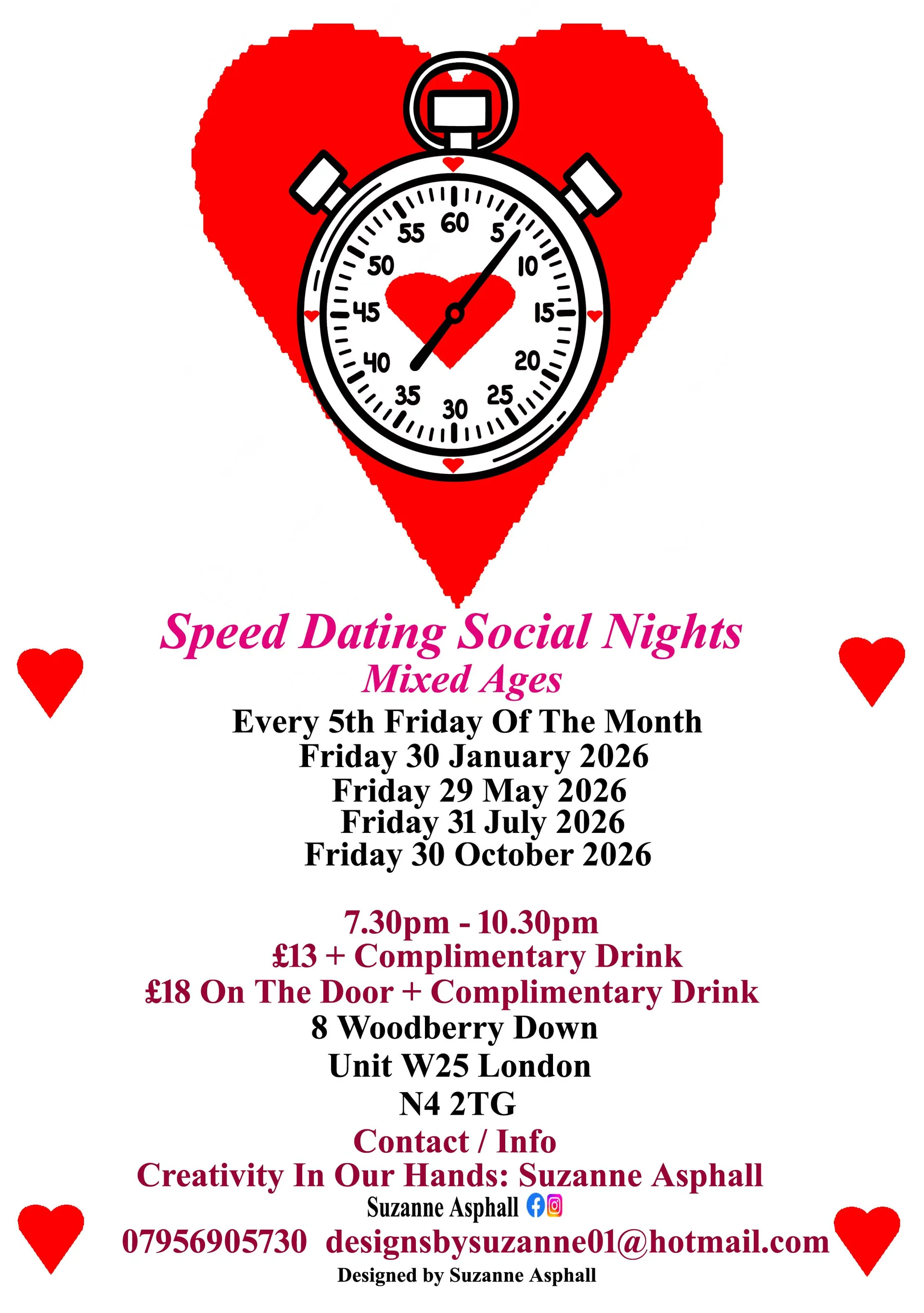 Speed Dating. Social Nigh. Mixed Ages. Every 5th Friday of the month at Creativity In Our Hands: Suzanne Asphall