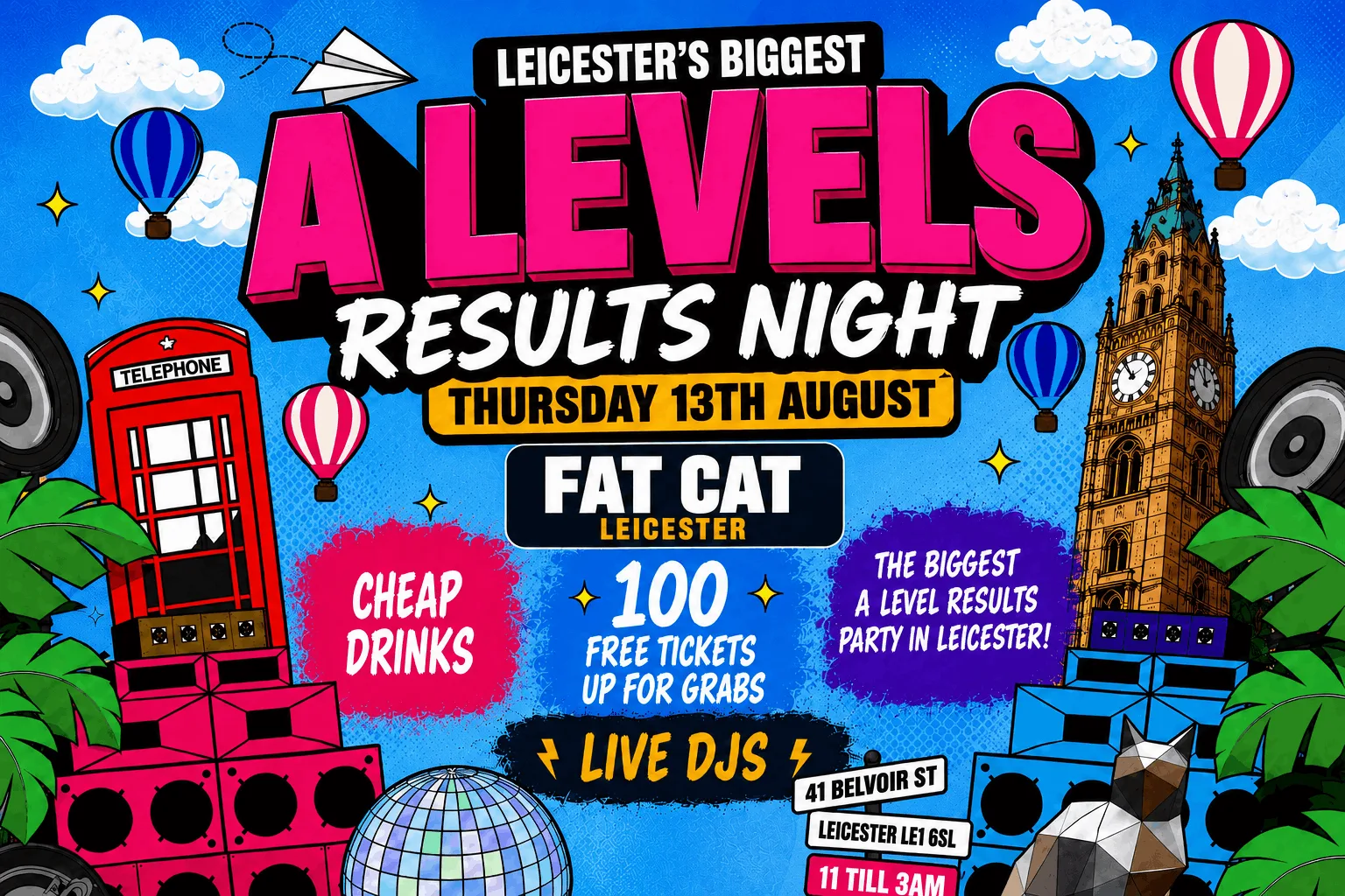 Leicester's Official A Level Results Party – Thurs 13th August 🥳🍾 at Fat Cat Cocktail Bar & Lounge