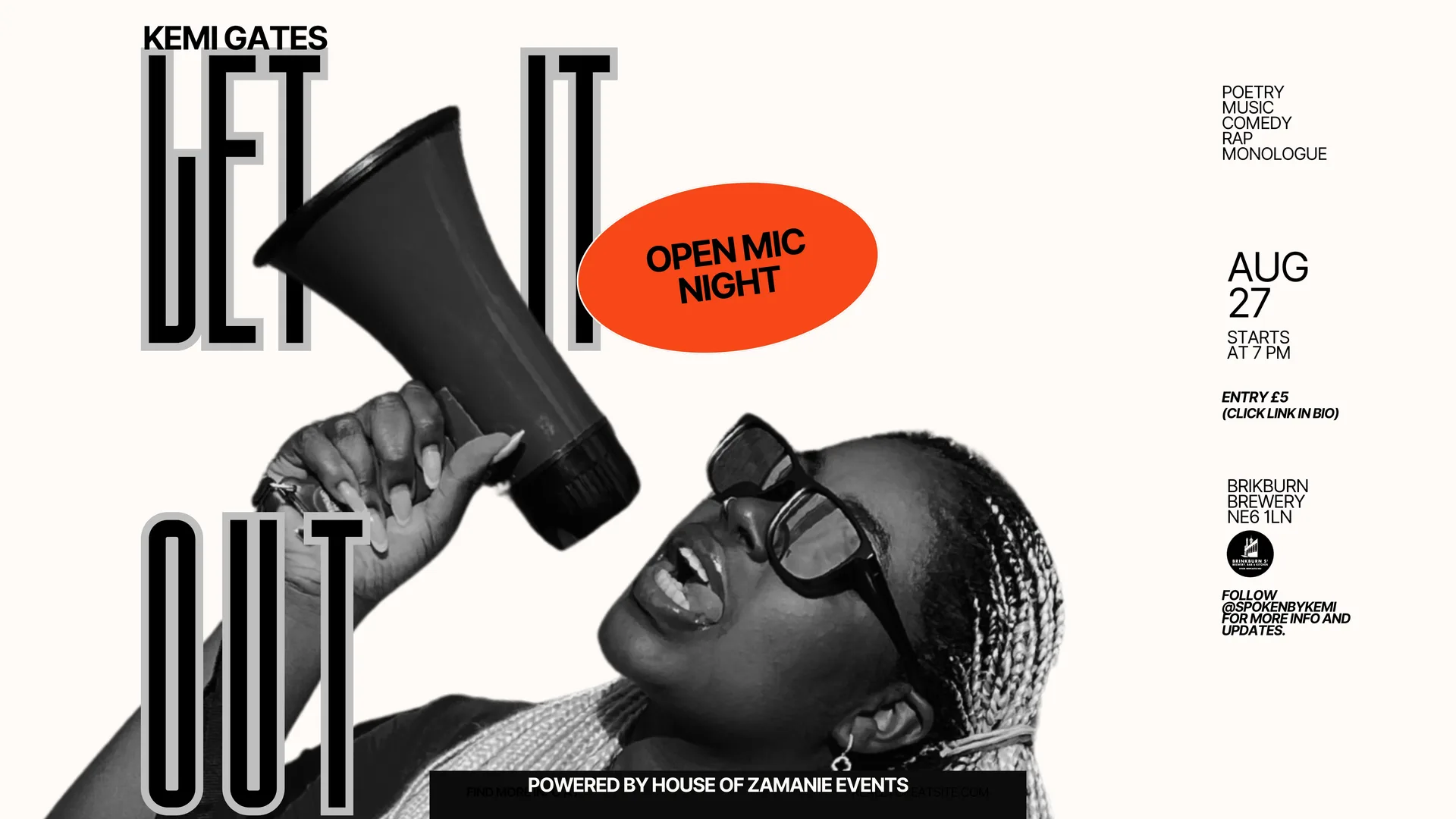 Kemi Gates' Let it Out at Brinkburn St Brewery, Bar & Kitchen