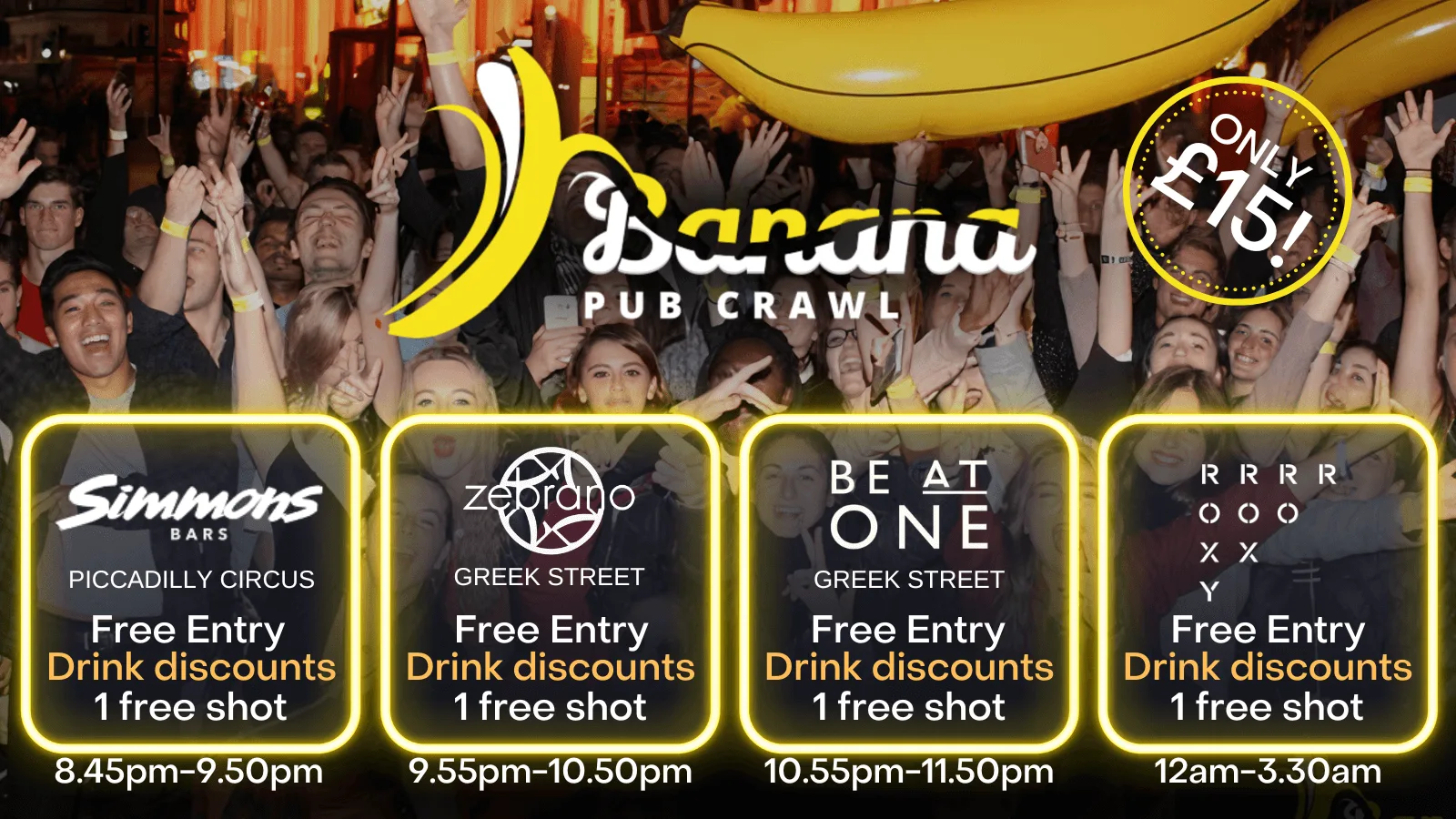 Ending at The Roxy - 4 venues - Banana Pub Crawl London