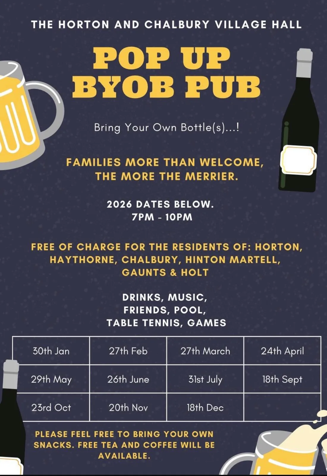Pop Up BYOB Pub at Horton & Chalbury Village Hall – Main Hall