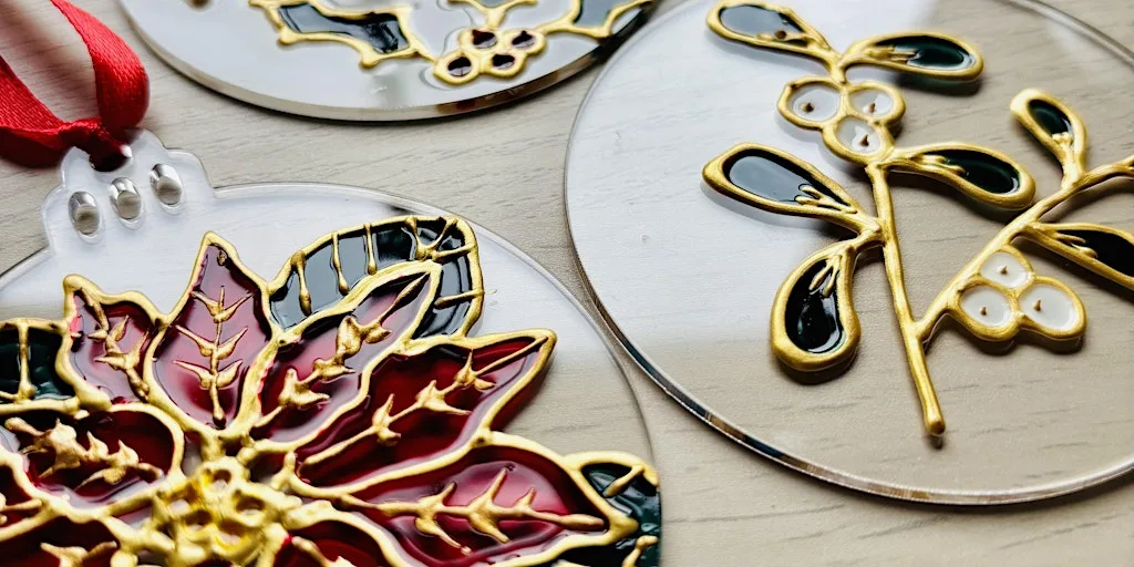 Hand painted Christmas decorations at Shrewsbury Library