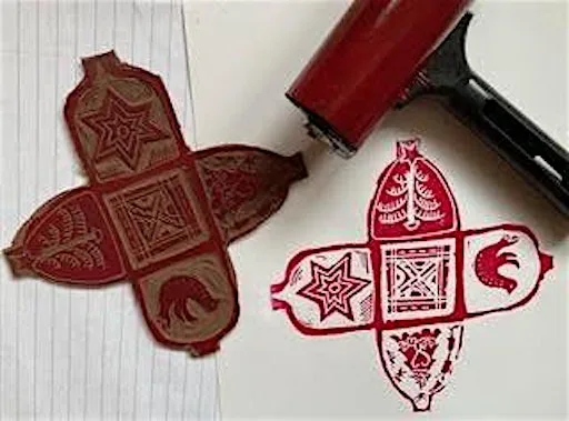 Linocut Printed Festive Tree Decorations and Gift Boxes at Carousel Print Studio, Exchange Place Studios