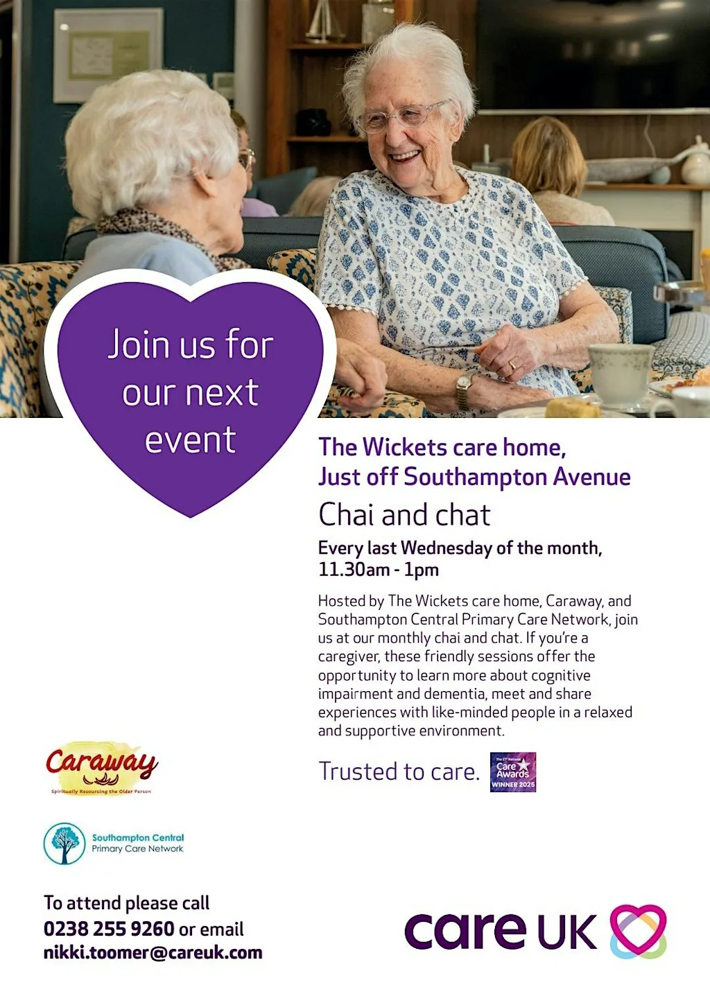 Free Southampton  Chai & Chat New Memory Cafe at The Wickets Care Home - Care UK