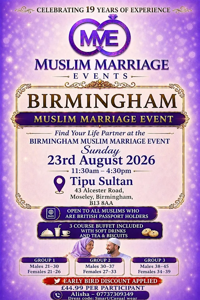 Muslim Marriage Events Birmingham - 3 Age Groups at Tipu Sultan Majestic Dining