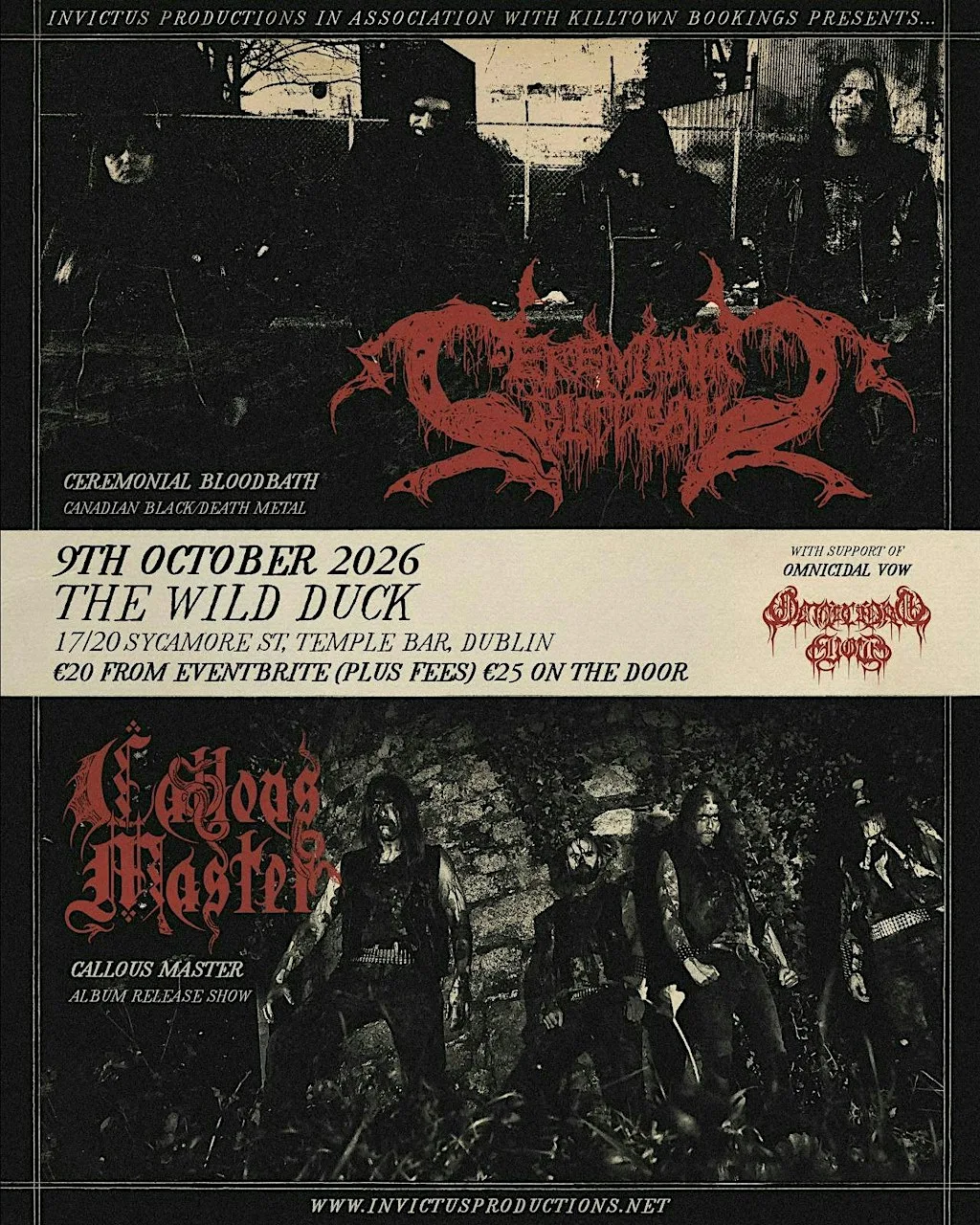 CEREMONIAL BLOODBATH, CALLOUS MASTER & OMNICIDAL VOW at The Wild Duck Dublin