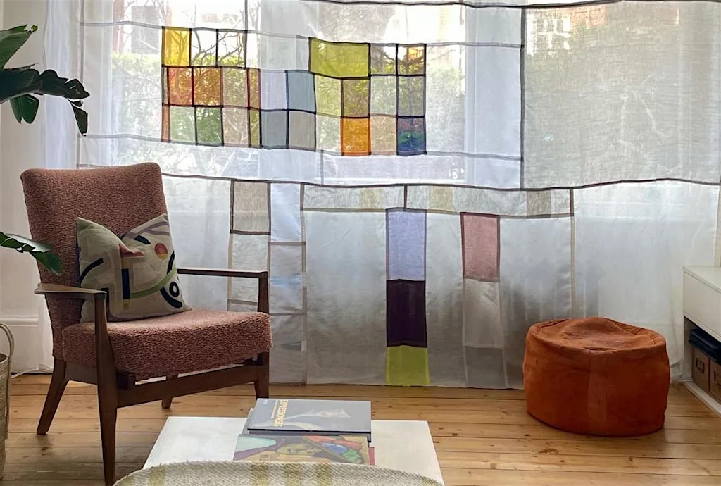 Learn to sew a 'bojagi' style patchwork hanging reusing sheer samples at Fabrications
