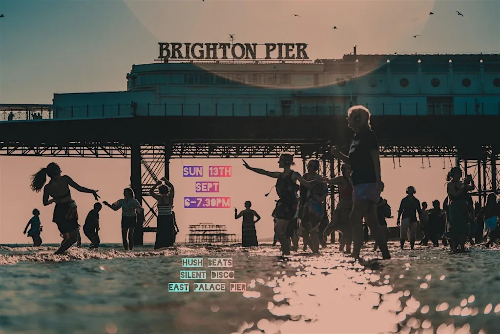 Daylight Disco Club- Low tide, sunset silent disco, EAST side Palace pier at Brighton Beach. East side of Brighton Palace Pier