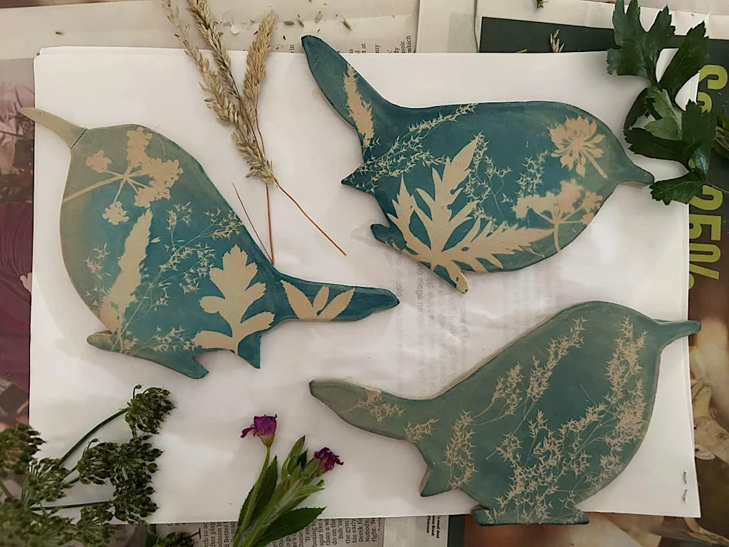 Cyanotype tree decorations and gift tags at Muddy Fingers Pottery