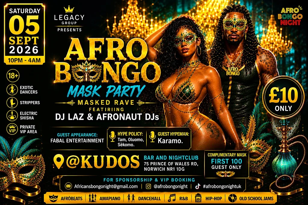 AFRO BONGO MASK PARTY at KUDOS Bar and Nightclub