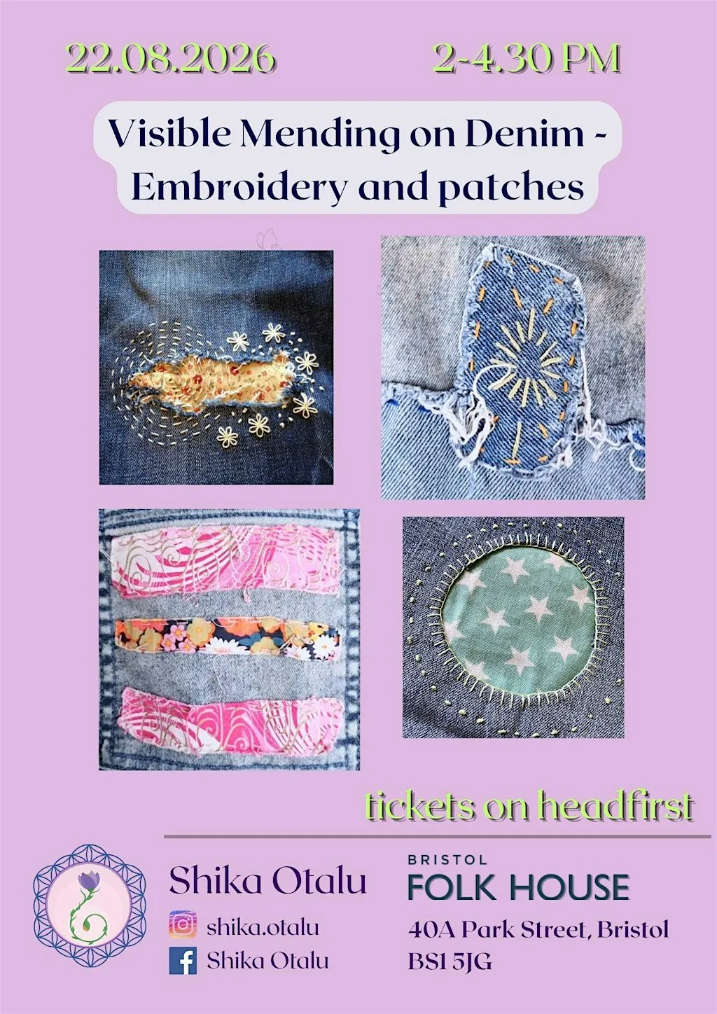 Visible Mending on Denim - Embroidery and patches at Bristol Folk House