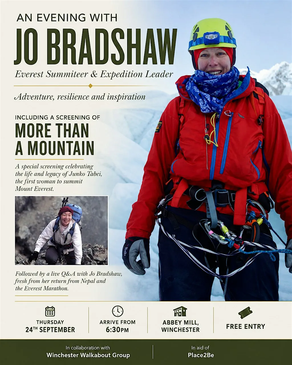 Everest, Endurance & Adventure: An Evening with Jo Bradshaw at Abbey Mill Winchester