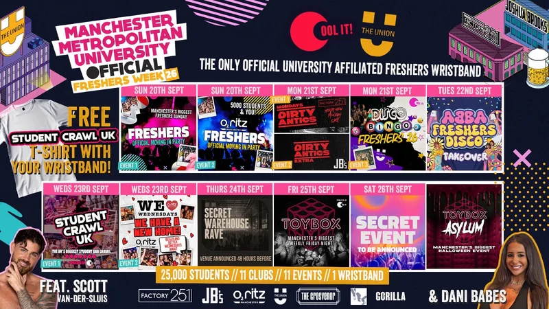 MANCHESTER MET - MMU - OFFICIAL All Access Freshers Wristband 2026 🎟️ YOUR OFFICIAL FRESHERS WRISTBAND - INCLUDES MANCHESTER'S BEST CLUBS / BIGGEST WEEKLY STUDENT BRANDS / SPECIAL GUESTS INCL DANI BABES / SCOTT VAN DER SLUIS & MUCH MORE! ⚡️