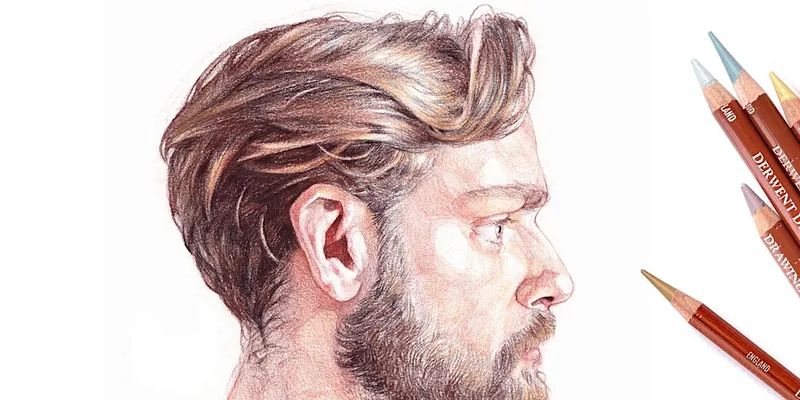 Portrait drawing in colour pencil: Jake Spicer x Derwent Drawing (morn)
