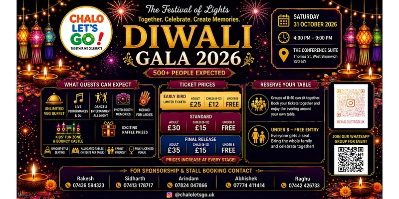 Diwali Gala 2026 | Birmingham Dinner, DJ & Family Celebration